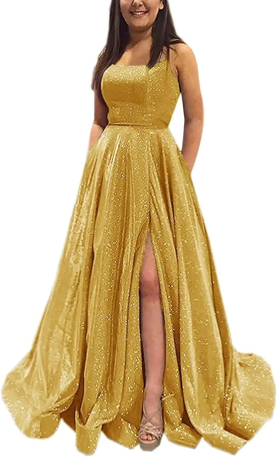 Vestidos de fiesta de satén con purpurina para mujer 2025, tirantes finos, corte A, abertura, noche, formales, con bolsillos 