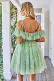 Floral Embroidery Off the Shoulder Mini Homecoming Dresses Sweetheart Tulle Pleats Ruffle Spaghetti Straps Adjustable Prom Dress