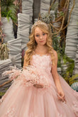 Vestido de primera comunión para niña, largo hasta el suelo, para fiesta de cumpleaños infantil, color rosa, para boda, con apliques florales 3D. 