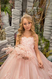 Vestido de primera comunión para niña, largo hasta el suelo, para fiesta de cumpleaños infantil, color rosa, para boda, con apliques florales 3D. 