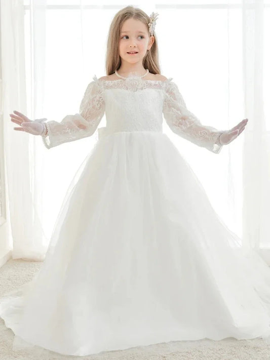 Birthday Party Holy Communion Gowns Flower Girl Dresses White Tulle Rose Appliques With Trailing And Bow Long Sleeve For Wedding