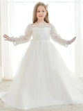 Birthday Party Holy Communion Gowns Flower Girl Dresses White Tulle Rose Appliques With Trailing And Bow Long Sleeve For Wedding