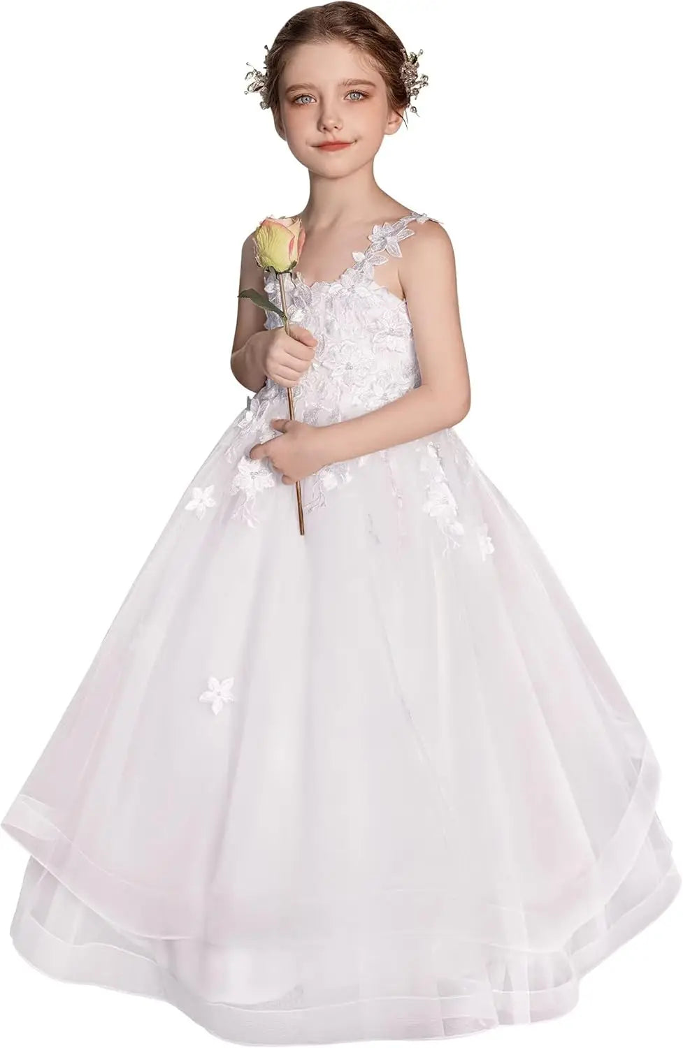 First Communion Dresses for Girls Tulle Flower Girl Dress for Wedding 3D Flower Appliques Dress