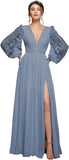 Langärmliges Brautjungfernkleid, Chiffon, Ballkleid, langes Hochzeitskleid mit Spitzenapplikation, V-Ausschnitt, formelle Kleider mit Schlitz 