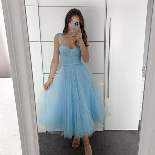 Tulle Tea-Length Prom Dresses High Quality Sweetheart Spaghetti Straps Party & Vacation Wear Elegant Plain A-line Evening Gowns