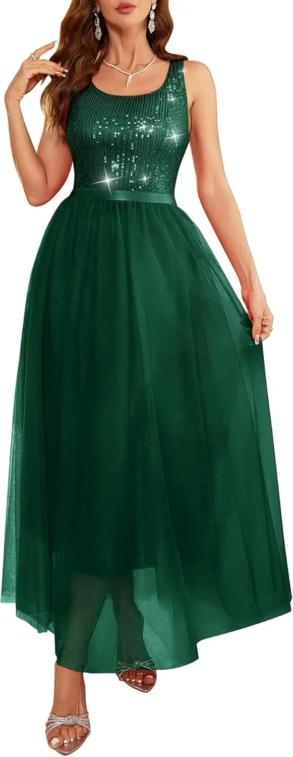 Sequin Dress for Woman Vintage A Line Wedding Formal Swing Mesh Prom Dress Sleeveless Cocktail Maxi Gowns