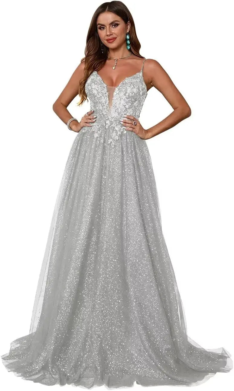 Glitzerndes Tüll-Ballkleid für Damen, Spaghettiträger, tiefer V-Ausschnitt, Spitzenapplikationen, Ballkleid, langes A-Linien-Abendkleid 