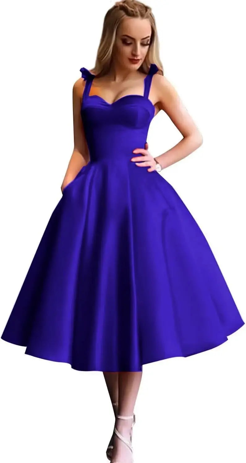 Damen Spaghettiträger Kurzes Satin Ballkleid Homecoming Kleid Sweetheart A-Linie Ballkleid Cocktailkleid mit Tasche 