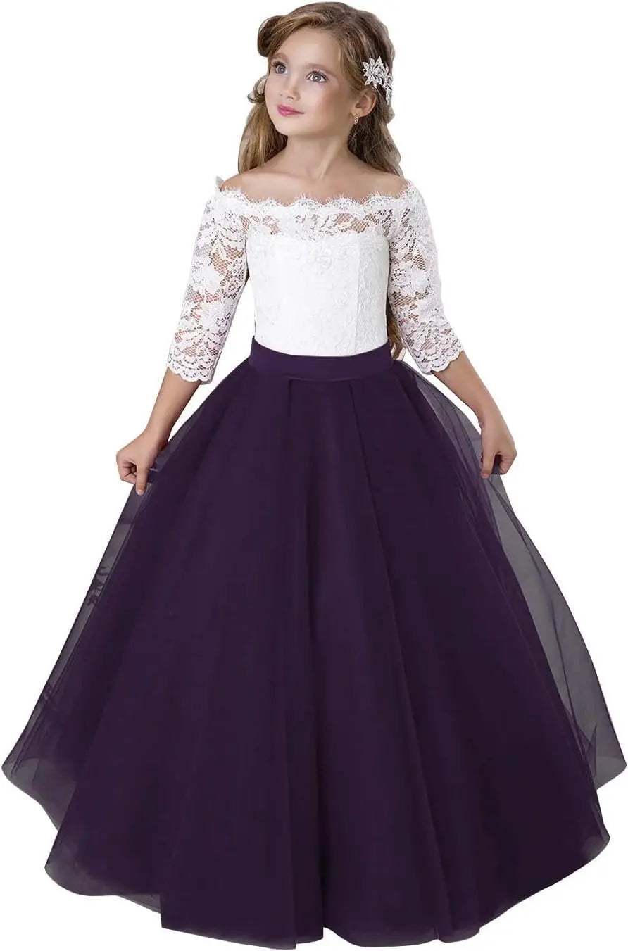 Blumenmädchenkleid Langarm Kinder Weiß Spitze Kinder Festzug Party Weihnachten Ballkleid Erstkommunion Kleider 