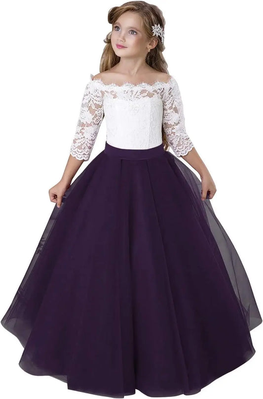 Vestido de niña de las flores de manga larga para niños, de encaje blanco, para desfiles, fiestas, Navidad, primera comunión 