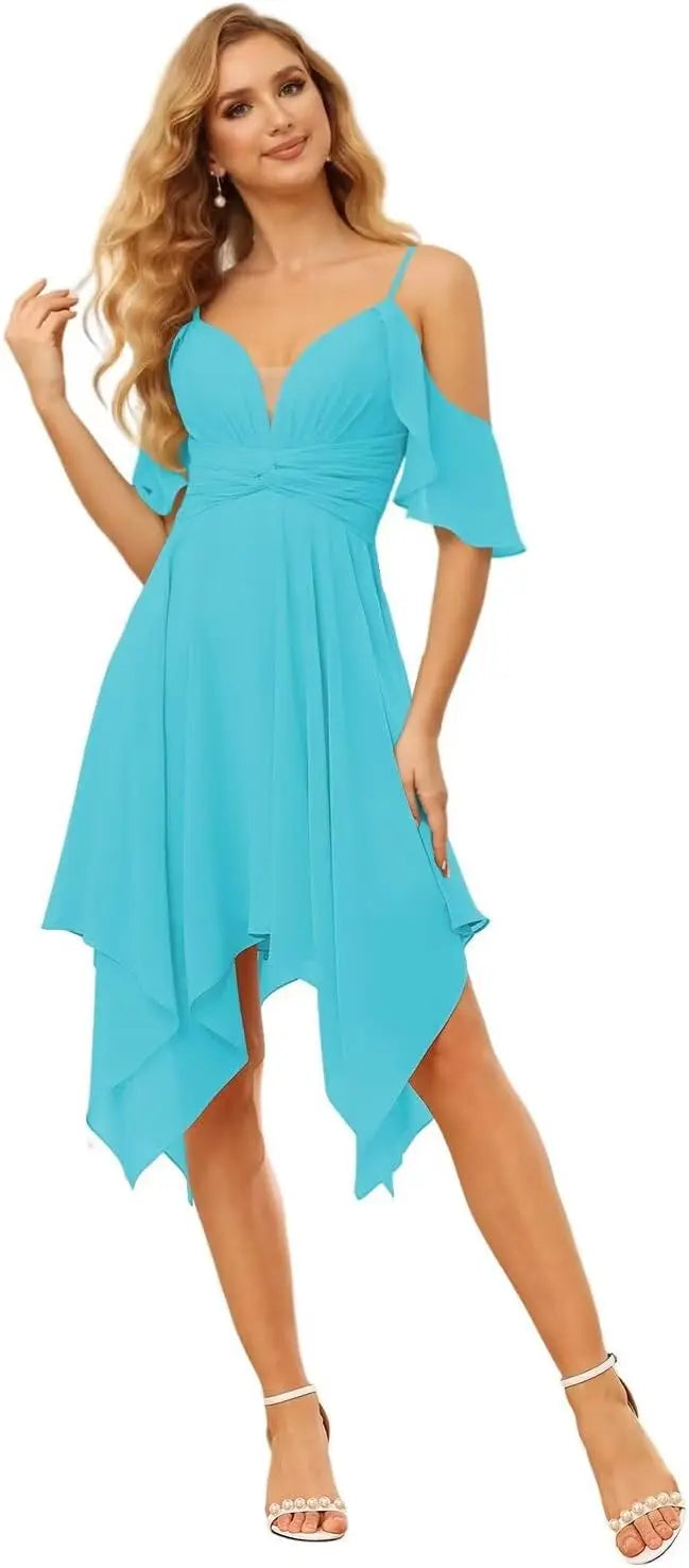 Women's Off Shoulder Chiffon Junior Bridesmaid Dresses Short Pockets Ruffle A Line Formal Dresses with Slit Wedding Party Gown