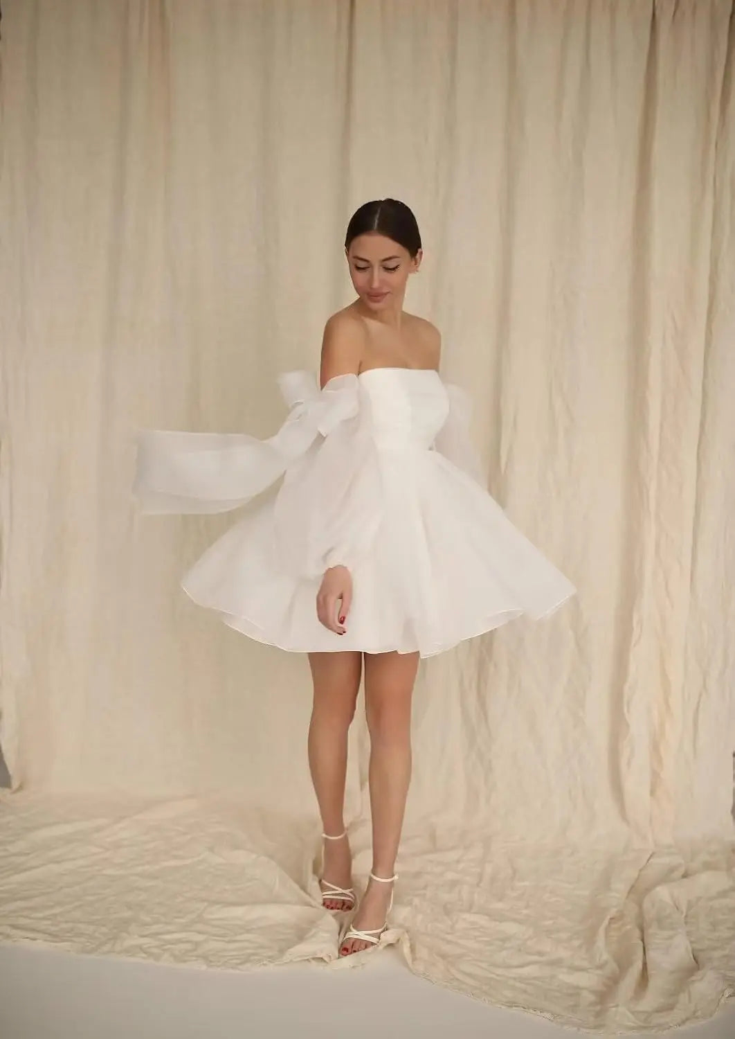 Vestidos de fiesta de organza con hombros descubiertos y lazo, de manga larga, para graduación, de corte A, formales, para cóctel o fiesta. 