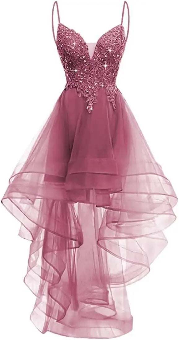 Lace Applique Homecoming Dresses 2025 High Low Spaghetti Straps Tulle Short Prom Dress for Teens Glitter Quinceanera Dress Gowns