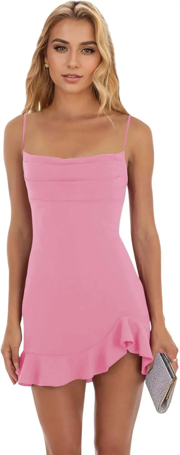 Vestidos cortos de fiesta ajustados para mujer, con tirantes finos y bajo con volantes, para cóctel y club. 