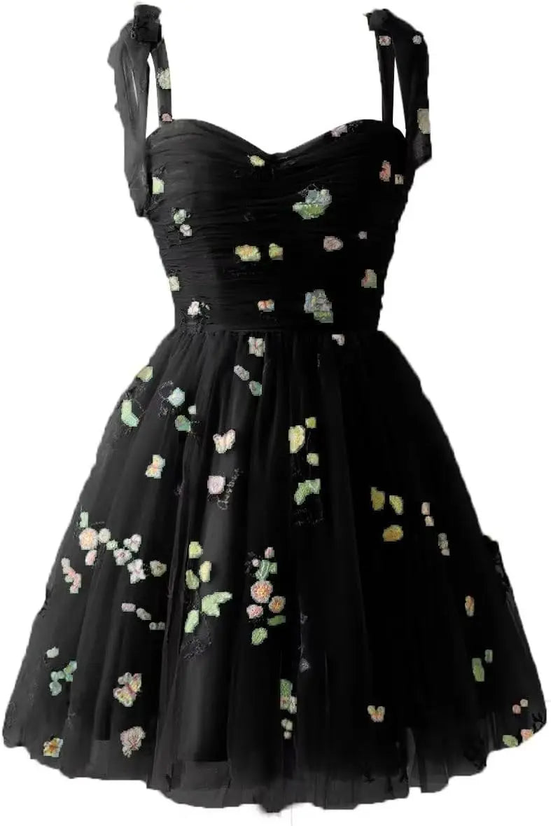 Vestidos cortos de fiesta para adolescentes con bordado de flores, tul, tirantes finos, largo hasta la rodilla, con margaritas y estampado floral. 