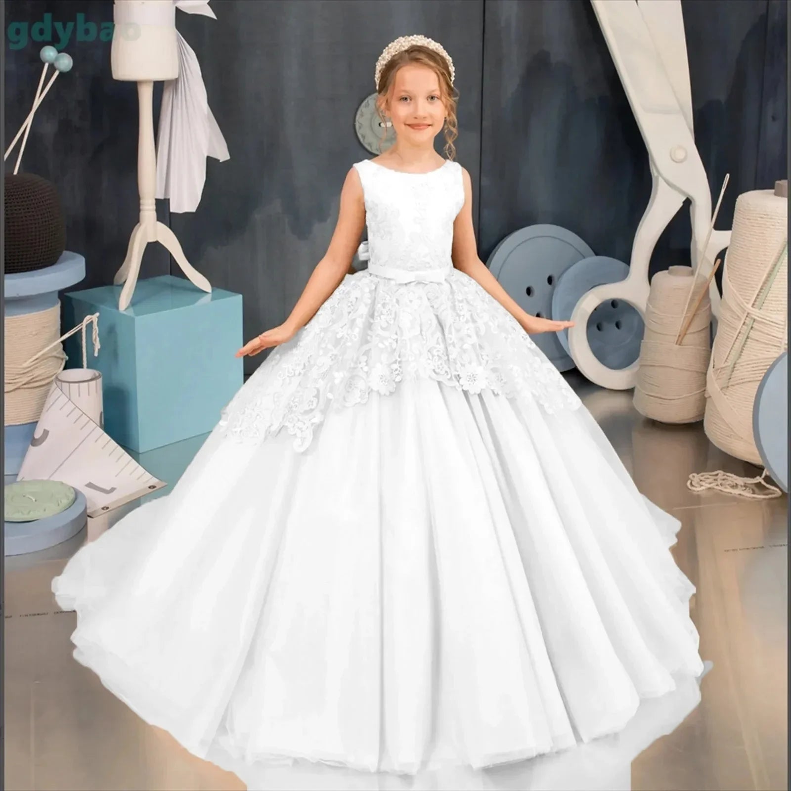 Apliques de encaje hasta el suelo para niña, fiesta de cumpleaños, primera comunión, vestido personalizado para niña de las flores para boda 