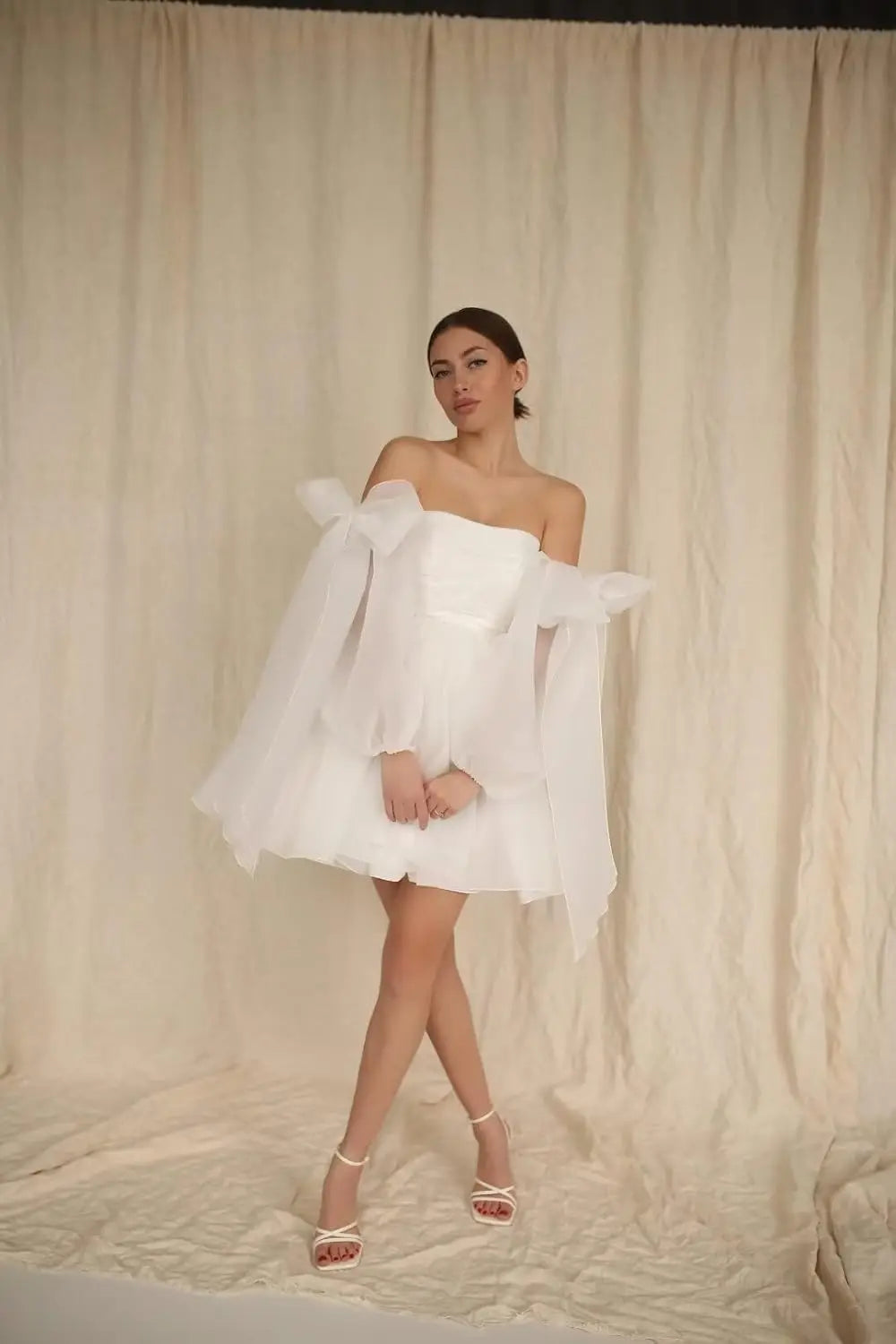 Vestidos de fiesta de organza con hombros descubiertos y lazo, de manga larga, para graduación, de corte A, formales, para cóctel o fiesta. 