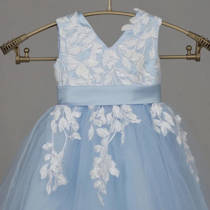 Vestidos de comunión para fiesta de cumpleaños, vestidos de niña de las flores de tul azul cielo, apliques de flores blancas con lazo, sin mangas para boda 
