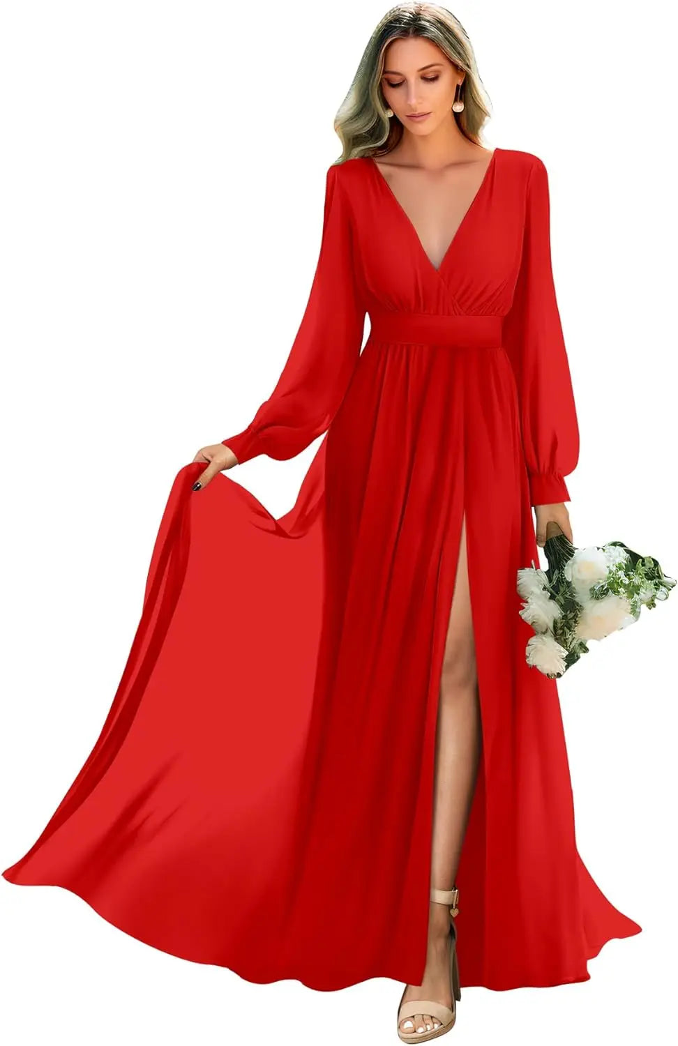 Long Sleeve Bridesmaid Dresses with Slit Pleated Wedding Party Gowns V Neck Chiffon Long Formal Dress evening dress