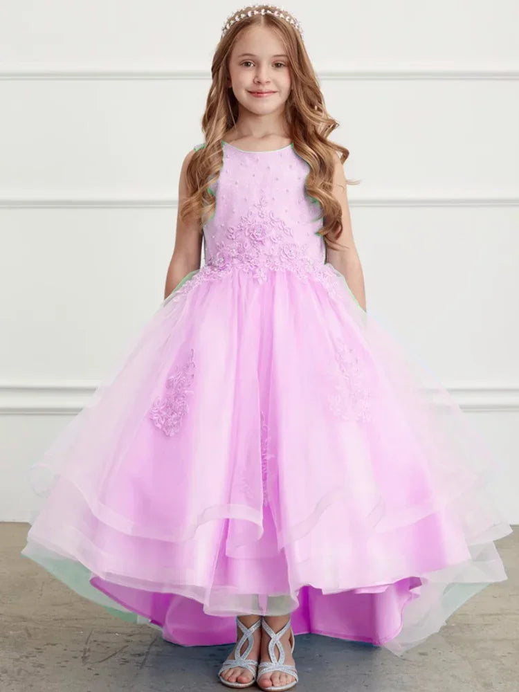 Vestidos de primera comunión para cumpleaños, vestidos de niña de las flores con apliques de flores de tul rosa y lazo, falda alta y baja sin mangas para boda 