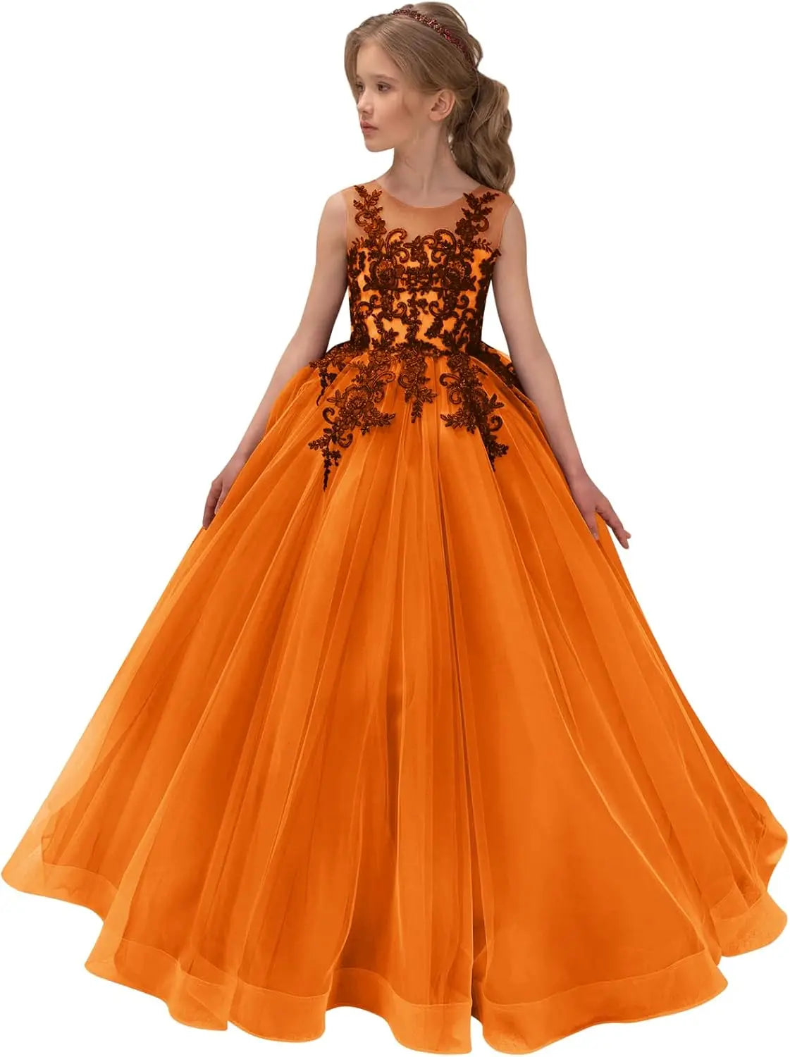 Festzugskleider für Mädchen, Spitzenapplikation, Blumenmädchenkleid, Tüll, Festzugskleid für Mädchen, lang, ärmellos, Prinzessinnen-Party-Ballkleid 