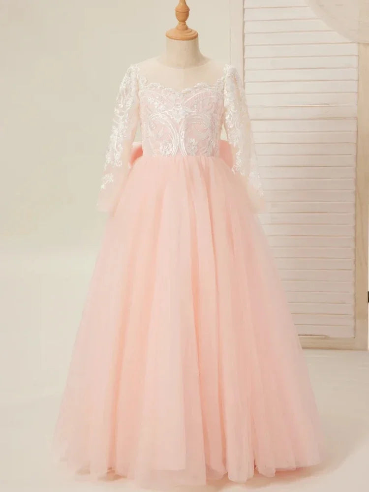 Vestidos de primera comunión para fiesta de cumpleaños, vestidos de niña de las flores de tul rosa, apliques blancos con cola y lazo, manga larga para boda 