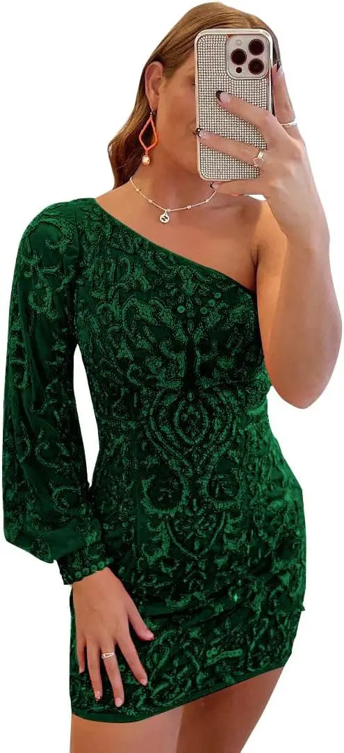Vestidos de fiesta de encaje con lentejuelas brillantes para adolescentes, mangas abullonadas, un hombro, minivestido de cóctel para graduación, vestidos de noche 