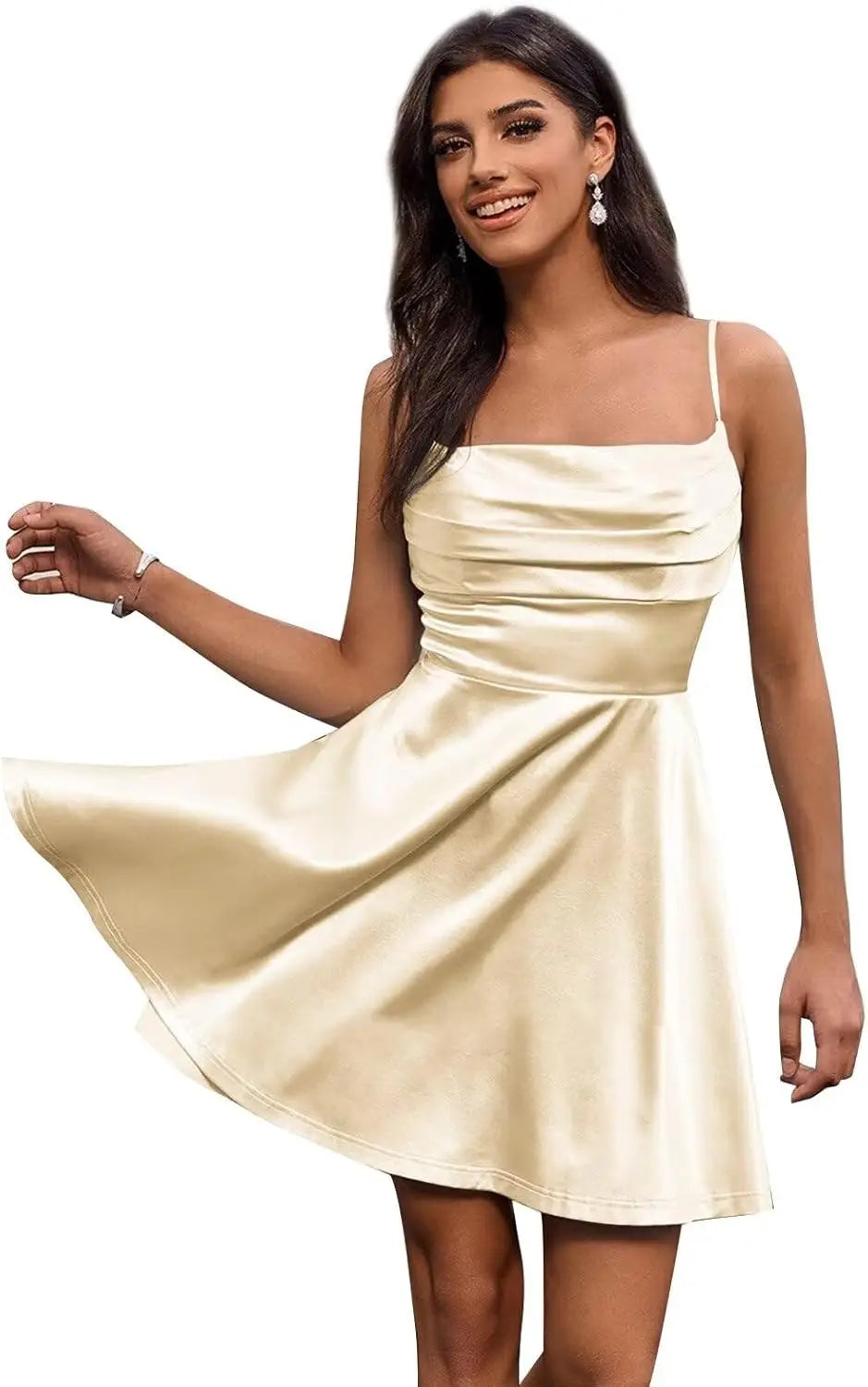 Satin Homecoming Kleider Kurze Spaghettiträger Ballkleid Wasserfallausschnitt A-Linie Cocktail Party Kleider Minikleid 