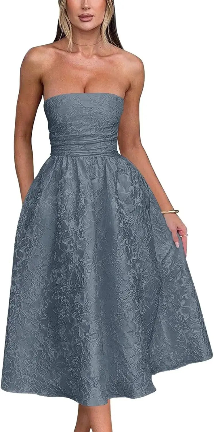Vestido de fiesta de satén jacquard floral, largo hasta la rodilla, corte A, sin tirantes, con corsé, para dama de honor, para fiesta de noche formal 