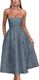 Vestido de fiesta de satén jacquard floral, largo hasta la rodilla, corte A, sin tirantes, con corsé, para dama de honor, para fiesta de noche formal 