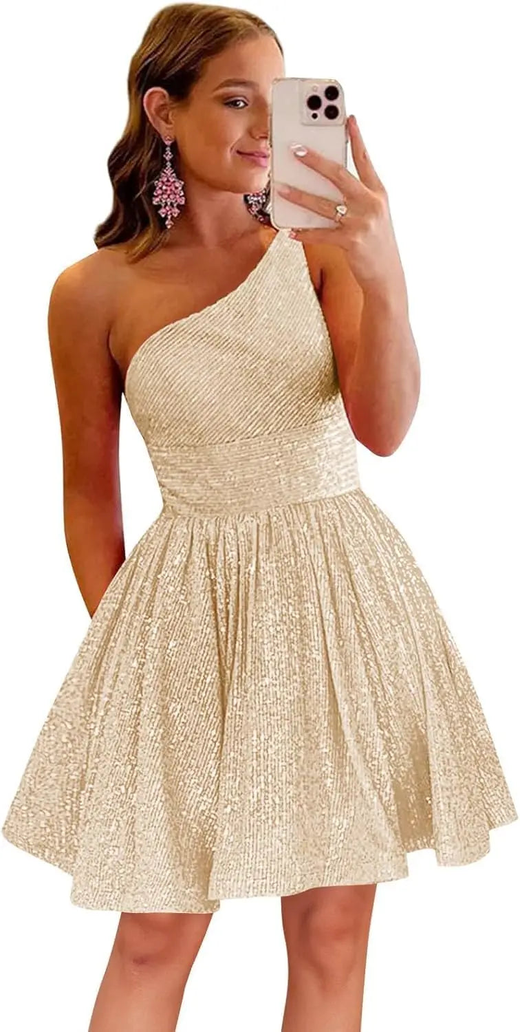 Vestido de fiesta corto con lentejuelas y un hombro brillante para mujeres y niñas. 