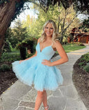 Fashion Tiered Homecoming Dresses Ruffle Tulle Mini Dresses Elegant V Neck Short Prom Dresses graduation dress