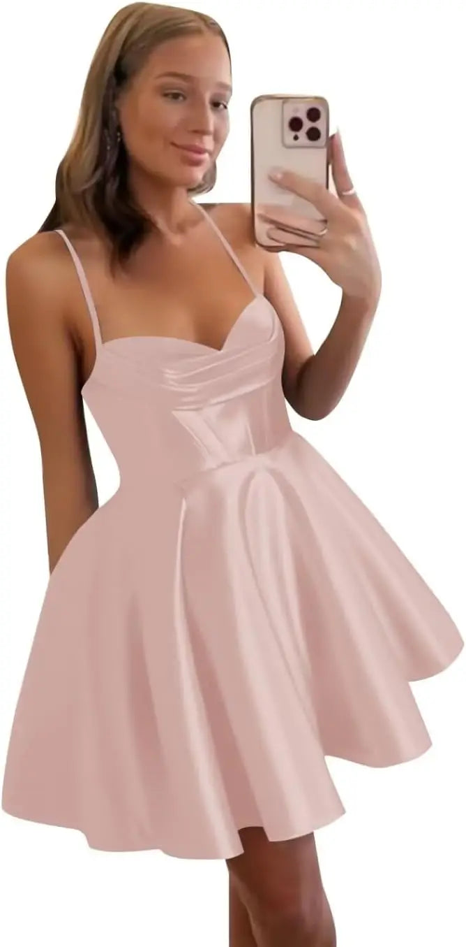 Spaghetti Straps Satin Homecoming Dresses for Women Short Halter Formal Prom Dresses with Pockets Graduation Mini Dress