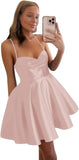 Spaghetti Straps Satin Homecoming Dresses for Women Short Halter Formal Prom Dresses with Pockets Graduation Mini Dress
