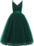 Vestido de tul con tirantes finos para niñas de flores, largo, corte A, para bodas, desfiles, princesas, fiestas de cumpleaños, bailes 