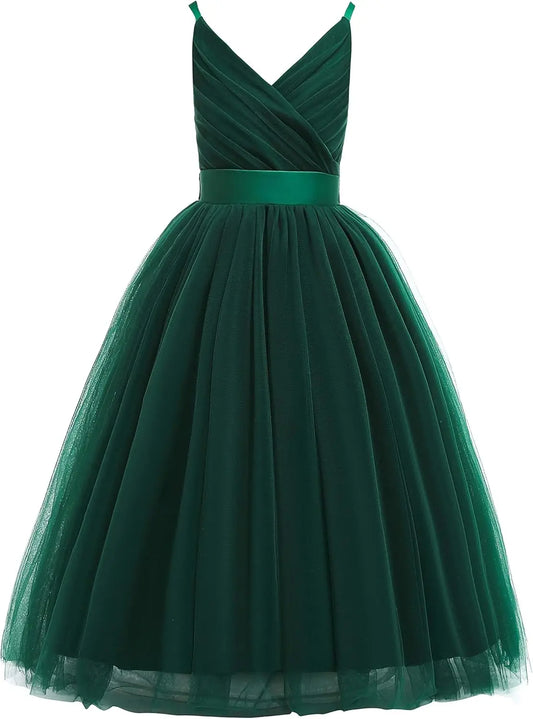 Vestido de tul con tirantes finos para niñas de flores, largo, corte A, para bodas, desfiles, princesas, fiestas de cumpleaños, bailes 