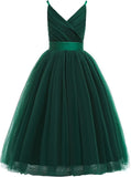 Vestido de tul con tirantes finos para niñas de flores, largo, corte A, para bodas, desfiles, princesas, fiestas de cumpleaños, vestidos de gala 