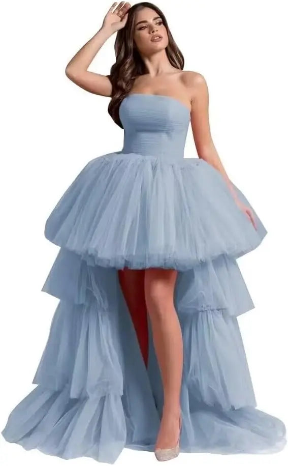 High Low Tüll Ballkleider Lange trägerlose gestufte Abendkleider A-Linie Abendkleid mit Schleppe Partykleider Damen Abend 