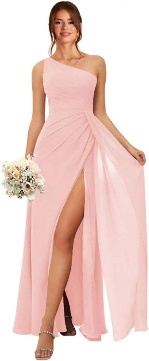 One Shoulder Bridesmaid Dresses for Women Long Ruched Chiffon A Line Formal Evening Dress with Slit prom dresses