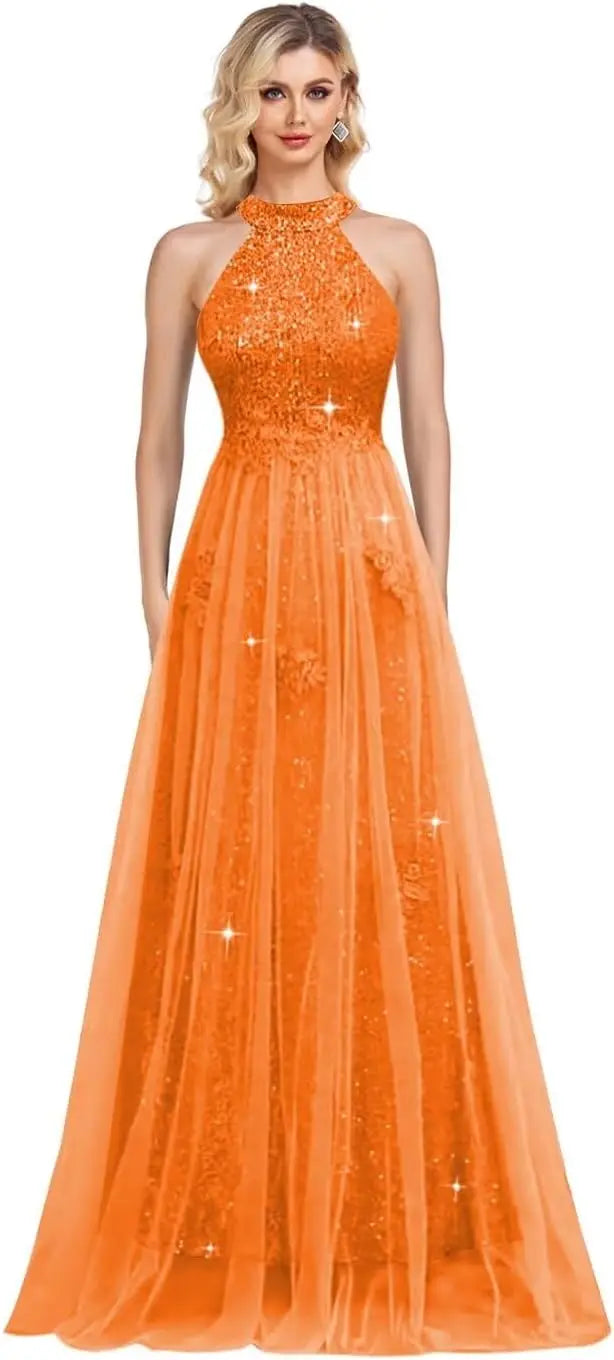 Vestidos de fiesta de lentejuelas con cuello halter y flores, hechos a medida, 2025, de tul brillante, corte A, para boda, fiesta formal de noche 