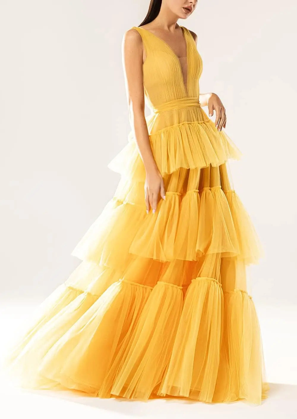 Vestidos de fiesta largos con escote en V doble para mujer, 2025, de tul escalonado, corte A, plisados, formales, para fiesta de noche. 