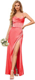 Cowl Neck Satin Bridesmaid Dresses for Women Mermaid Corset Prom Dress Long Formal Evening Gown with Slit Wedding Party Gowns