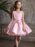Pink Tulle Satin With Bow Sleeveless For Wedding Birthday Party Banquet First Communion Gowns Flower Girl Dresses