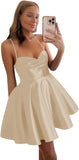 Spaghetti Straps Satin Homecoming Dresses for Women Short Halter Formal Prom Dresses with Pockets Graduation Mini Dress