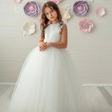 Vestidos de tul blanco satinado con escote de perla y lazo, sin mangas, para bodas, cumpleaños, fiestas, primera comunión, niñas de las flores 