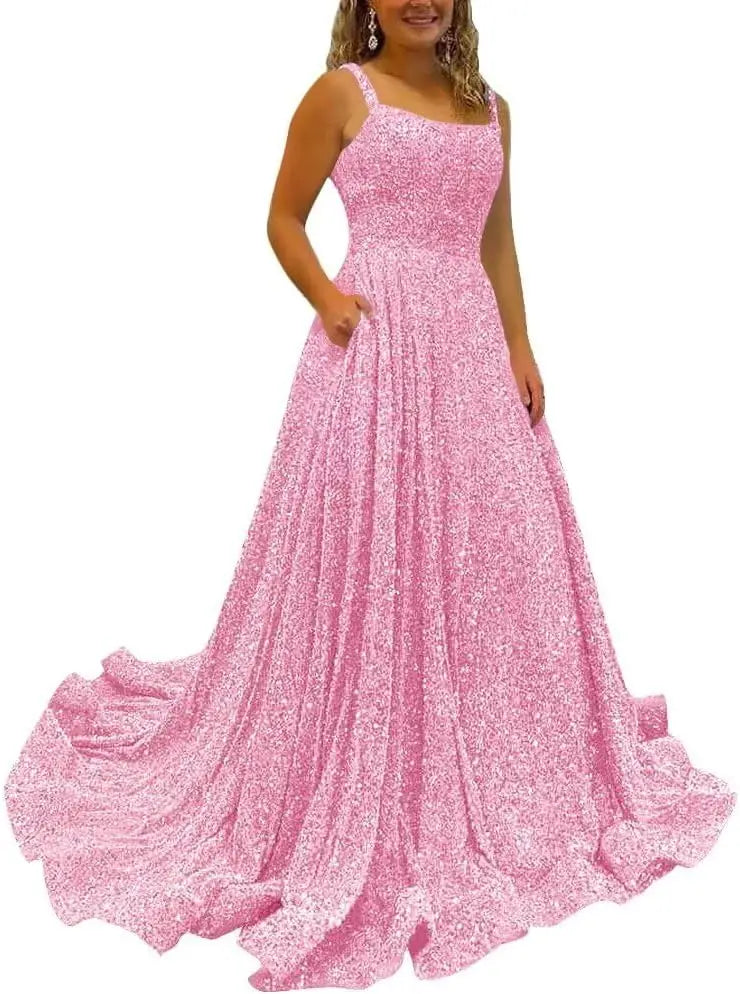 Vestidos de fiesta de satén con purpurina para mujer 2025, tirantes finos, corte A, abertura, noche, formales, con bolsillos 