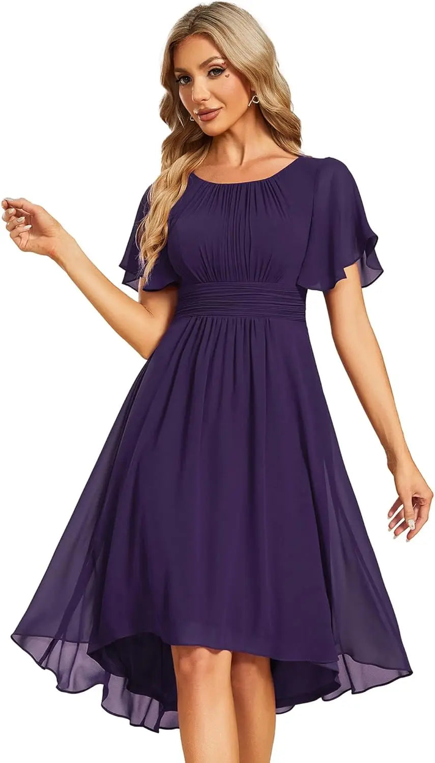 Vestido de gasa con cuello redondo y cintura plisada para mujer, manga corta, para invitada de boda, dama de honor, fiesta, graduación 