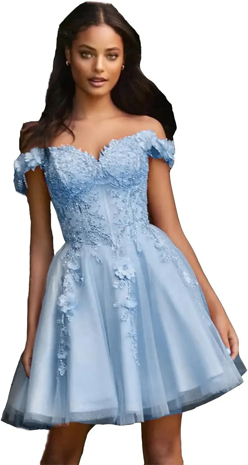 Vestidos de fiesta de tul con hombros descubiertos 2025, vestidos de fiesta cortos de encaje estilo princesa, vestidos de graduación 