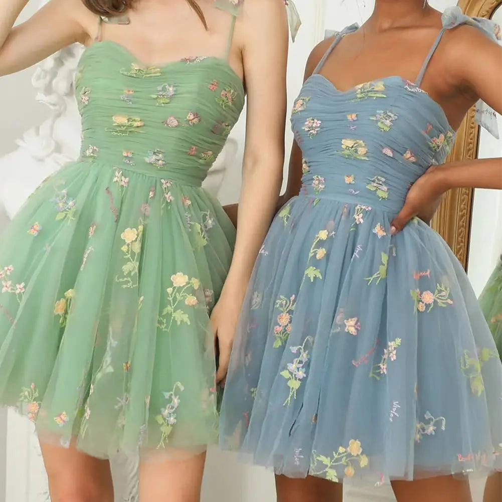 Vestidos de fiesta de tul con tirantes anudados para mujer, vestidos de novia con bordado de flores, vestidos cortos formales para fiesta, mini vestidos de bienvenida 