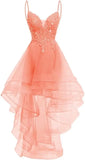 Lace Applique Homecoming Dresses 2025 High Low Spaghetti Straps Tulle Short Prom Dress for Teens Glitter Quinceanera Dress Gowns